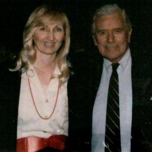 Martha Bolton and John Forsythe at a Bob Hope TV special taping