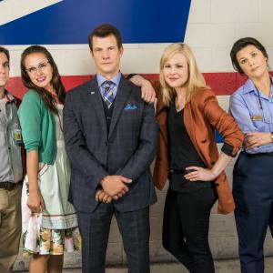 Still of Daphne Zuniga, Kristin Booth, Crystal Lowe, Eric Mabius and Geoff Gustafson in Signed, Sealed, Delivered (2014)