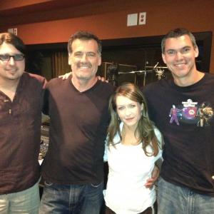 (from left to right) director Chris Borders, actor Bruce Thomas, actress Ali Hillis, and engineer Morgan Gerhard recording 