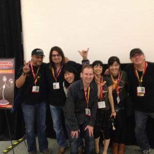 from left to right actor Steve Blum, director Chris Borders, Azusa Kudo, Jonathan Sherman, Mami Bz, Mio Moroe, actor Fred Tatasciore for 