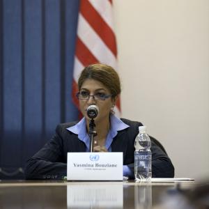 Yasmina Bouziane during a press conference at the United Nations headquarters in Monrovia Liberia