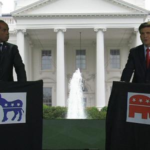Wil Bowers as Tom Hinker and Dean Scofield as Bill Williams in a scene from The First Real Presidential Debate of 2012.