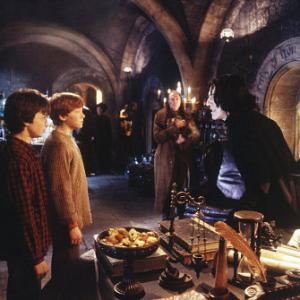 (L-r) Harry (DANIEL RADCLIFFE), Ron (RUPERT GRINT), Filch (DAVID BRADLEY) and Professor Snape (ALAN RICKMAN).