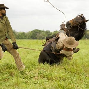 Jamie Foxx Brian Brown and falling horse Woody on Django Unchained