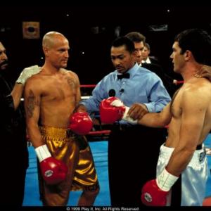 Vince and Cesar get instruction from the ref (Darrel Foster), flanked by their trainers, played by Eloy Casados (left) and Henry G. Sanders (right). Famed ring announcer, Michael Buffer stands behind the ref.