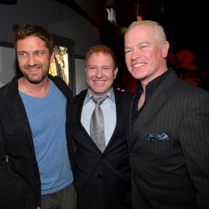 Actor Gerard Butler Relativity Media CEO Ryan Kavanaugh and actor Neal McDonough attend Relativity Medias Movie 43 Los Angeles Premiere After Party held at Madame Tussauds Hollywood on January 23 2013 in Hollywood California