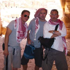 Producer Benjamin Green with Karl Pilkington and director Luke Campbell on location Petra, Jordan for An Idiot Abroad series 1