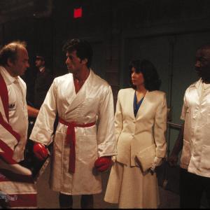 Still of Sylvester Stallone, Talia Shire, Tony Burton and Burt Young in Rocky IV (1985)