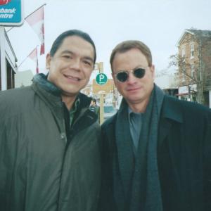 Lorne Cardinal and Gary Sinise during the filming of Fallen Angel