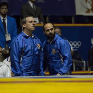 Still of Steve Carell and Mark Ruffalo in Foxcatcher (2014)