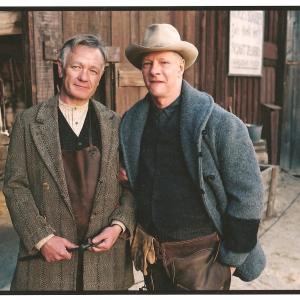 Playing the role of The Blacksmith in Seabiscuit with Chris Cooper a break between takes 2002
