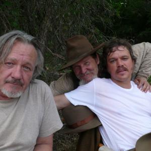Loyd Catlett, Matt Damon and Jeff Bridges during the filming of True Grit 2010