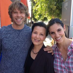 Kieu Chinh with Eric Christian Olsen and Daniela Ruah on set of NCIS Los Angeles 2014