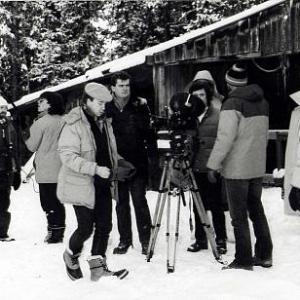 Filming new scenes for Storm. Calgary, Canada. January 1987 and minus 40. Pictured: Per Asplund, Kelly Zombor, Stan Edmonds, David Winning, David Christie, Tim Hollings and Robert Caplette.