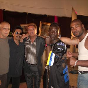 James Russo Armand Assante Art Camacho Flava Flav and Quentin Rampage Jackson on set of Confessions of a Pit fighter