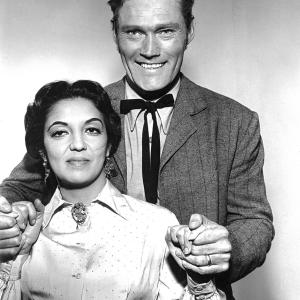 Katy Jurado and Chuck Connors in The Boarding House  episode 22 of The Rifleman Original Air Date 2241959