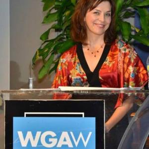 Anastasia Coon emcees event at the Writers Guild West