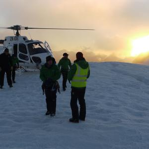 Helicopter at dawn during filming of Beyond the Edge