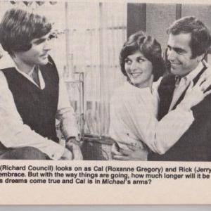 LOVE OF LIFE soap opera publicity shot printed in SOAP OPERA DIGEST March 1978 vol3 no4 Richard Council as Michael BlakeRoxanne Gregory as Cal Latimer and Jerry Lacy as Rick Latimer