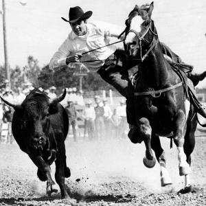 Johnny Crawford competes in steer wrestling at Cheyenne Wyoming in 1965