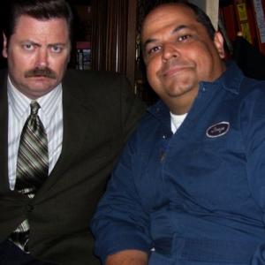 Nick Offerman and Frank Crim on the set of Parks and Recreation