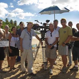 Nick (centre left) with crew shooting Death In Paradise in Guadeloupe