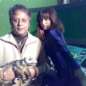 Kammy Darweish as Mega Villain on the set of Capital One's 'Mega Villain' TV Commercial (with Jess Murphy and 'Reggie the Possum')