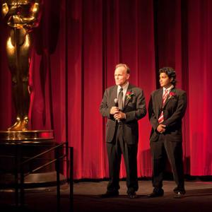 Producer BJ Davis and Director Asif Akbar addressing the audience on stage at the Academy of Motion Picture Arts and Sciences during the premiere of Top Priority The Terror Within on May 16 2012