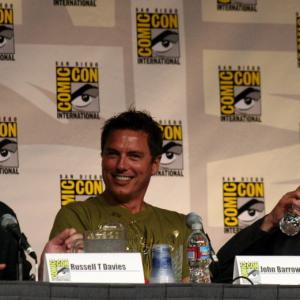 Producer Russell T Davies actor John Barrowman and director Euros Lyn discussing Torchwood at ComicCon 2009