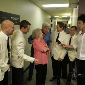The Tonight Show with Jay Leno (Episode# 19.103). March 1, 2011. Backstage with Billy Lambrinides, Mark Smith, Betty White, Jay Leno, Brian Beacock and Andy Steinlen.