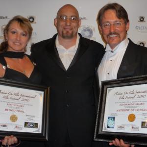 Anthony R and Mary De Longis L with Action on Film International Film Festivals Del Weston at the 2010 AOF Awards show where Anthony received the 2010 Dragon Award and Blood Trail won Best Western