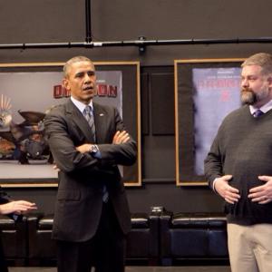 Jeffrey Katzenberg President Obama and Dean DeBlois during the Presidents visit to Dreamworks Animation 112613