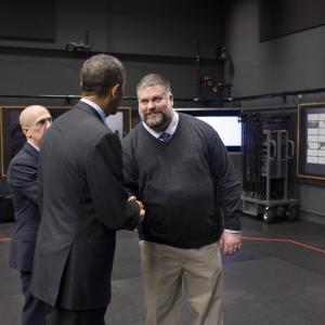President Obama Jeffrey Katzenberg and Dean DeBlois during the Presidents visit to Dreamworks Animation 112613