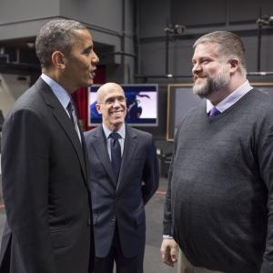 President Obama Jeffrey Katzenberg and Dean DeBlois during the Presidents visit to Dreamworks Animation 112613