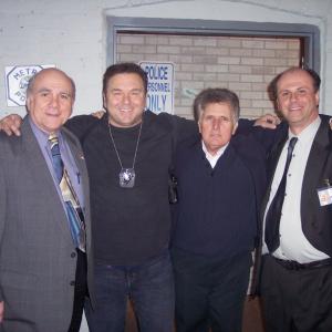 (left to right) Don Kress, Tony DeGuide, Legend actor Joe Estevez (from Sheen-Estevez family) Frank Pensa playing cops in 