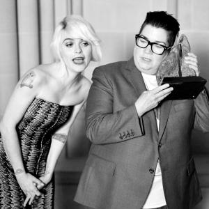 Actress Taryn Manning L poses with comedian Lea DeLaria and a Trailblazers award during Logo TVs Trailblazers at the Cathedral of St John the Divine on June 23 2014 in New York City