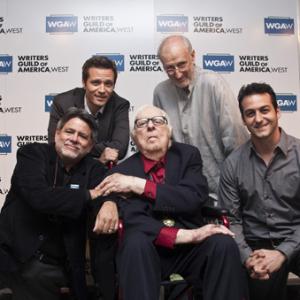 Ray Bradbury with Paul Leiva, Seamus Dever, James Cromwell and Jeff Canatta at the Writers Guild of America, West office in Los Angeles for a discussion panel event