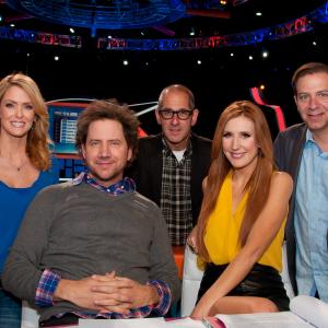 On set of the CW's Oh Sit! From left to right: Deena Dill (Creator, Executive Producer), Jamie Kennedy (Host), Phil Gurin (Creator, Executive Producer), Jessi Cruickshank (Host), Richard Joel (Creator, Executive Producer)