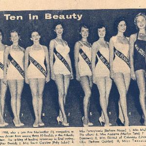 Regina Dombek, Miss Chicago, [PICTURE attached ] one of of ten Miss America finalists. Miss Chicago, Regina Dombek, 3rd from left, one of 10 finalists in the Miss America Contest. Standing next to her on left is the winner, Lee Ann Meriweather of California, who was crowned Miss America of 1955. [Grace Kelly was one of the judges.]