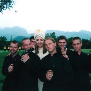 Ellen Dubin as Pope Genevieve with her Monk body guards in the TV series Lexx episode ApocaLexx Now while filming in Thailand