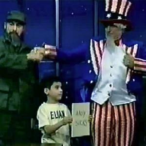As Fidel Castro with Uncle Sam and young Elian in 'Late Night With Conan O'Brien'