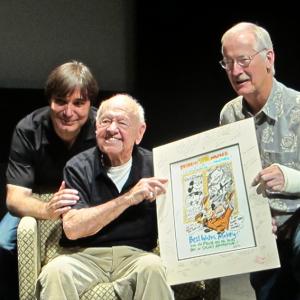 Adam Dykstra, Mickey Rooney and John Musker who drew a caricature of Mickey for his 92nd birthday card.