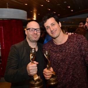 Composer Frank Ilfman and sound supervisor Ronen Nagel at the Israeli Film Academy Awards winning best music and sounds for the movie Big Bad Wolves