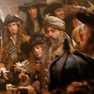 At left in Pirates of the Caribbean 3 - At World's End with Geoffrey Rush at right