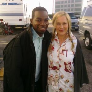 On set of the NBC show 'Medium' shooting the episode titled 'Allison Rolen Got Married'. Pictured here are actors Dwight Ewell and Patricia Arquette.