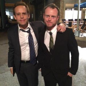 Emmy award-winning actor Peter MacNicol and Trevor Eyster, saying goodbyes after final shooting day of CSI: Cyber (S1), on the CBS Radford Lot