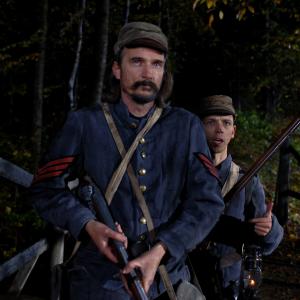 M. Steven Felty as Sgt. Mosby Rusk with local actor in Romania shooting Headless Horseman.