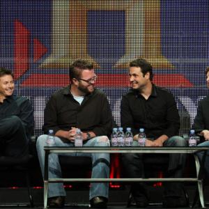 LRHosts Tanner Foust Rutledge Wood Adam Ferrara and executive producer John Hesling speak during the Top Gear panel during the AE Networks TCA pres tour held at the Beverly Hilton Hotel n Beverly Hills California