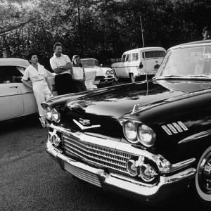 DANNY KAYE AND HIS WIFE SYLVIA  THEIR DAUGHTER DENA WITH HIS NEW CHEVY IMPALA 1957 BEL AIR  1958 CORVETT AT HOME IN HOLLYWOOD 1958