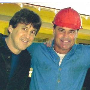 On the set of Elizabethtown in Elizabethtown Kentucky Director Cameron Crowe and actor James Fitzpatrick take a moment for a photoop in 2004